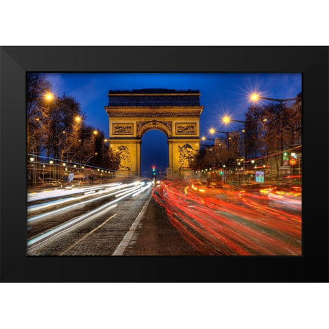 Traffic passes the Arch de Triumph on the Champs Elysee in Paris-France Black Modern Wood Framed Art Print by Steve Mohlenkamp