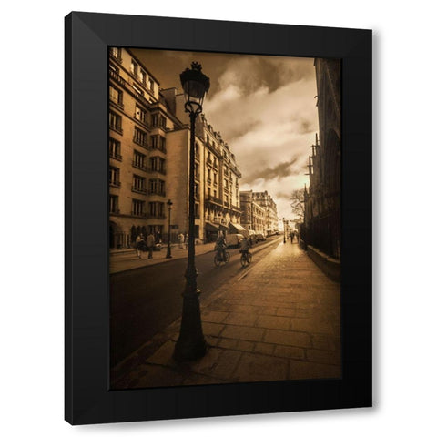 Bicycle riders beside Notre Dame Cathedral and her gargoyles in Paris-France Black Modern Wood Framed Art Print with Double Matting by Steve Mohlenkamp