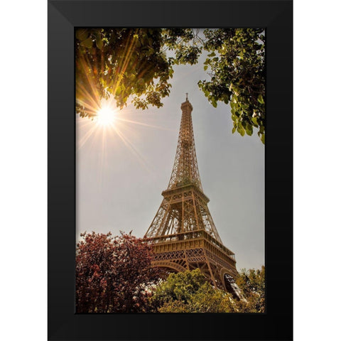 Eiffel Tower framed by trees and sunburst in Paris-France Black Modern Wood Framed Art Print by Steve Mohlenkamp