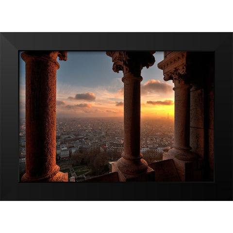 Sunset in Paris-France from the screecher with distant Eiffel Tower Black Modern Wood Framed Art Print by Steve Mohlenkamp