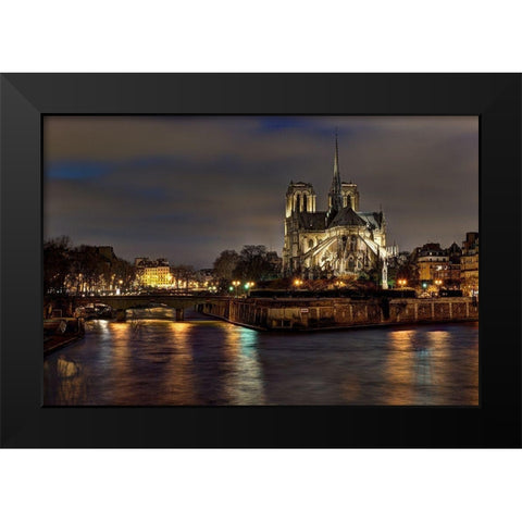Notre Dame Cathedral and the Seine River shimmer in the Paris-France night Black Modern Wood Framed Art Print by Steve Mohlenkamp