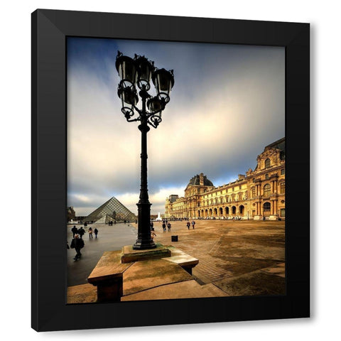 Pyramid and courtyard to the Louvre in Paris-France Black Modern Wood Framed Art Print with Double Matting by Steve Mohlenkamp