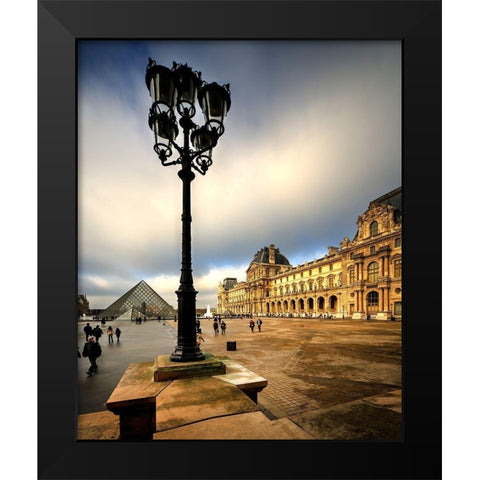 Pyramid and courtyard to the Louvre in Paris-France Black Modern Wood Framed Art Print by Steve Mohlenkamp