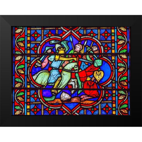Knights Fighting Swords Horses Battle War stained glass-Notre Dame Cathedral-Paris-France  Black Modern Wood Framed Art Print by Perry, William