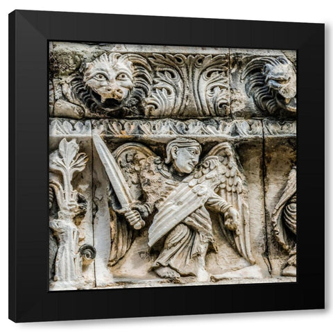 Saint Michael angel statue facade- Nimes Cathedral- Gard- France. Created 1100 AD- Black Modern Wood Framed Art Print by Perry, William
