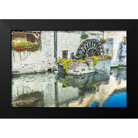 Colorful old buildings- Aure River reflection- Bayeux- Normandy- France Black Modern Wood Framed Art Print by Perry, William