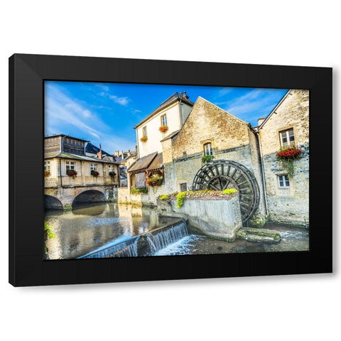 Colorful old buildings- Aure River reflection- Bayeux- Normandy- France Black Modern Wood Framed Art Print by Perry, William