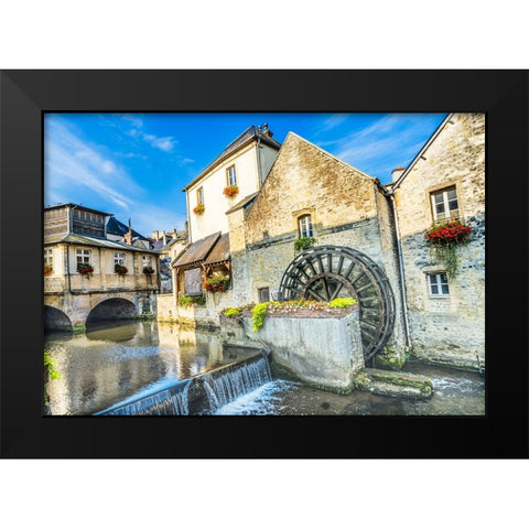 Colorful old buildings- Aure River reflection- Bayeux- Normandy- France Black Modern Wood Framed Art Print by Perry, William
