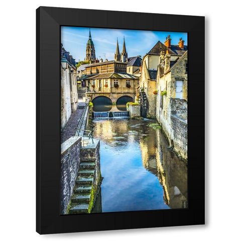Colorful old buildings- Aure River reflection- Bayeux- Normandy- France Black Modern Wood Framed Art Print with Double Matting by Perry, William