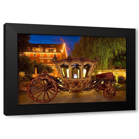 Germany-Lindau Island-Lake Constance Victorian ornate carriage in front of hotel at night Black Modern Wood Framed Art Print by Jaynes Gallery