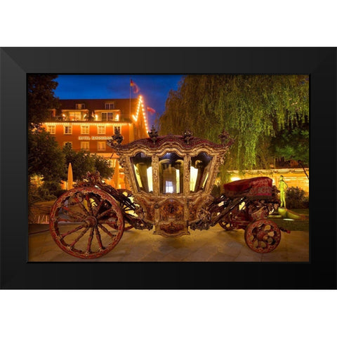 Germany-Lindau Island-Lake Constance Victorian ornate carriage in front of hotel at night Black Modern Wood Framed Art Print by Jaynes Gallery
