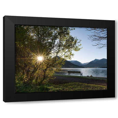 Sunrise at lake and village Schliersee in the Bavarian Alps during autumn-Bavaria-Germany Black Modern Wood Framed Art Print by Zwick, Martin
