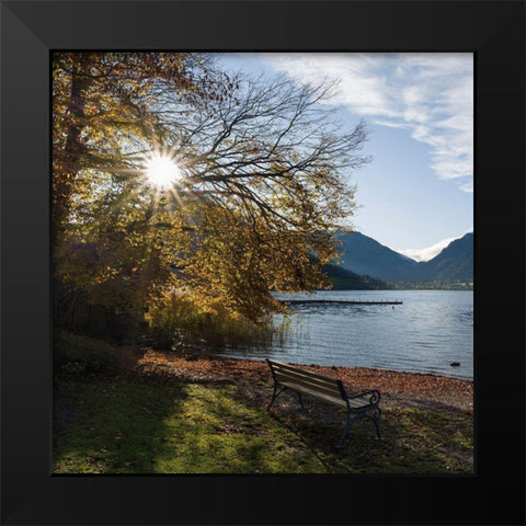 Sunrise at lake and village Schliersee in the Bavarian Alps during autumn-Bavaria-Germany Black Modern Wood Framed Art Print by Zwick, Martin