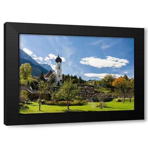 Church St-Johannes der Taufer-John the Baptist-Mount Zugspitze in the background-Village Grainau ne Black Modern Wood Framed Art Print by Zwick, Martin