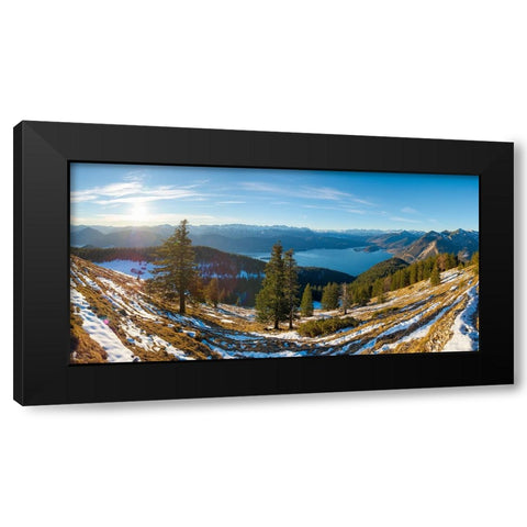 View from Mt-Jochberg near lake Walchensee towards lake Walchensee-Wetterstein mountain range and K Black Modern Wood Framed Art Print by Zwick, Martin
