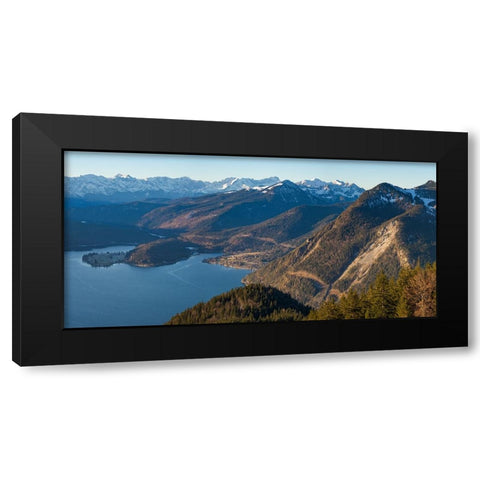 View from Mt-Jochberg near lake Walchensee towards lake Walchensee and Wetterstein mountain range-G Black Modern Wood Framed Art Print by Zwick, Martin