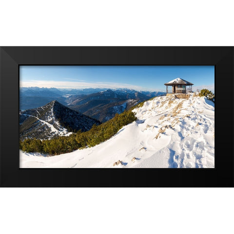 View towards the summit pavilion-View from Mt-Herzogstand near lake Walchensee-Germany-Bavaria Black Modern Wood Framed Art Print by Zwick, Martin