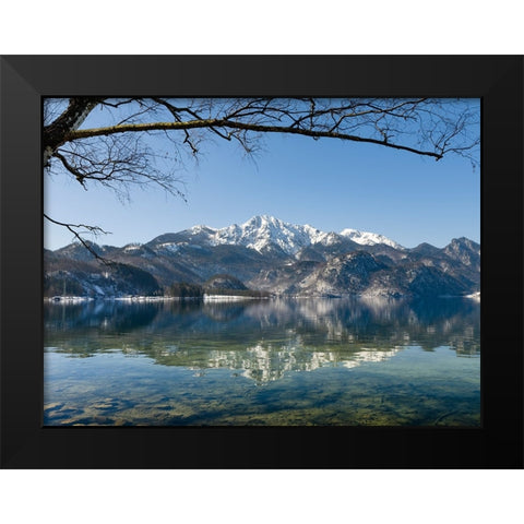 Lake Kochelsee at village Kochel am See during winter in the Bavarian Alps-Mt-Herzogstand in the ba Black Modern Wood Framed Art Print by Zwick, Martin