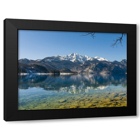 Lake Kochelsee at village Kochel am See during winter in the Bavarian Alps-Mt-Herzogstand in the ba Black Modern Wood Framed Art Print by Zwick, Martin
