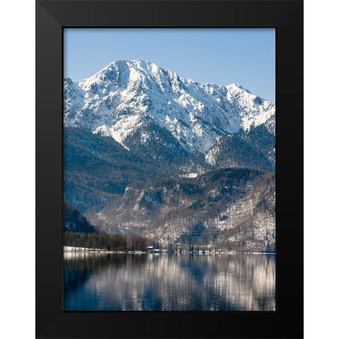 Lake Kochelsee at village Kochel am See during winter in the Bavarian Alps-Mt-Herzogstand in the ba Black Modern Wood Framed Art Print by Zwick, Martin