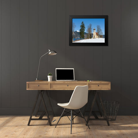 Church Sankt Margareth at Zwergern Spitz-Lake Walchensee near village Einsiedl in the snowy Bavaria Black Modern Wood Framed Art Print by Zwick, Martin