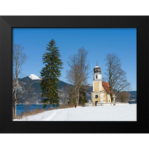 Church Sankt Margareth at Zwergern Spitz-Lake Walchensee near village Einsiedl in the snowy Bavaria Black Modern Wood Framed Art Print by Zwick, Martin