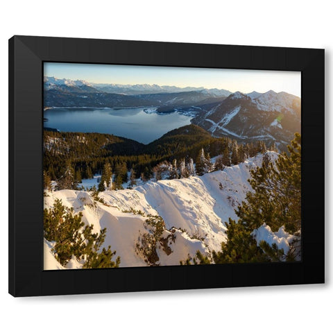 View towards lake Walchensee and the Karwendel mountain range-View from Mt-Jochberg near lake Walch Black Modern Wood Framed Art Print by Zwick, Martin