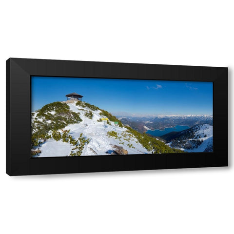 Summit of Mt-Herzogstand with pavilion near lake Walchensee during winter in the Bavarian Alps-Germ Black Modern Wood Framed Art Print by Zwick, Martin