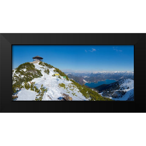 Summit of Mt-Herzogstand with pavilion near lake Walchensee during winter in the Bavarian Alps-Germ Black Modern Wood Framed Art Print by Zwick, Martin