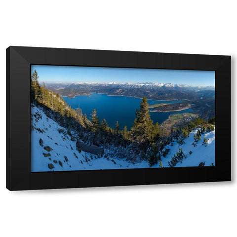The view from Mt-Fahrenberg-Kopf towards lake Walchensee and Karwendel mountain range during winter Black Modern Wood Framed Art Print with Double Matting by Zwick, Martin