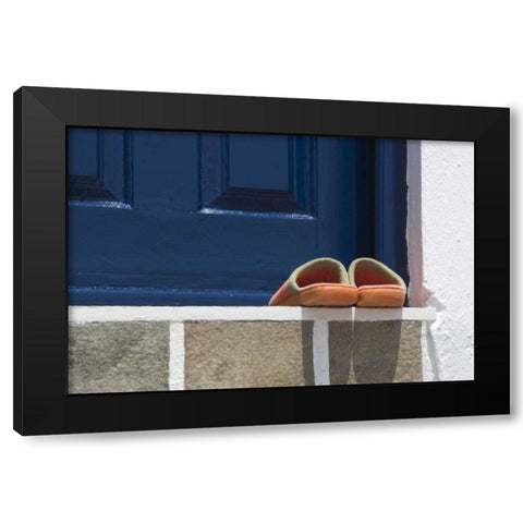Greece, Mykonos, Hora Slippers on threshold Black Modern Wood Framed Art Print by Young, Bill