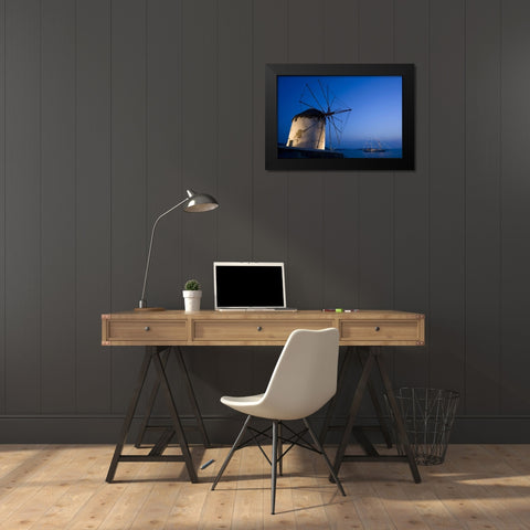 Greece, Mykonos, Hora Windmill and luxury yacht Black Modern Wood Framed Art Print by Young, Bill