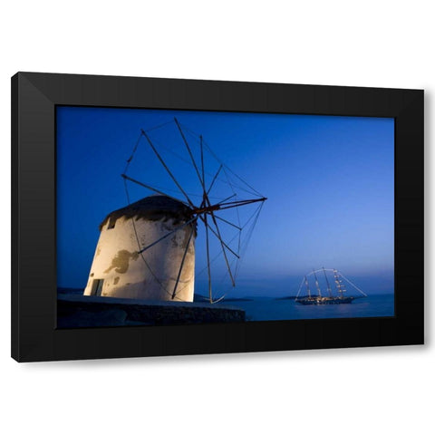 Greece, Mykonos, Hora Windmill and luxury yacht Black Modern Wood Framed Art Print by Young, Bill
