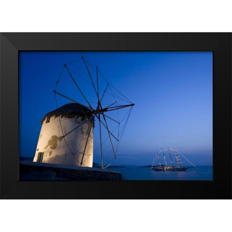 Greece, Mykonos, Hora Windmill and luxury yacht Black Modern Wood Framed Art Print by Young, Bill