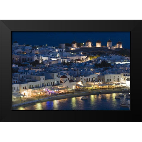 Greece, Hora Night view overlooking harbor Black Modern Wood Framed Art Print by Young, Bill