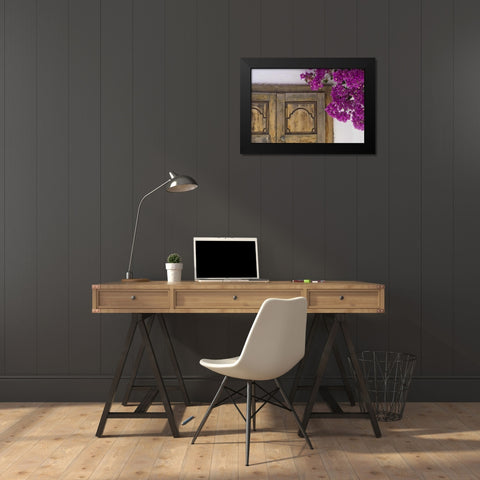 Greece, Hora Wooden doorway and bougainvillea Black Modern Wood Framed Art Print by Young, Bill
