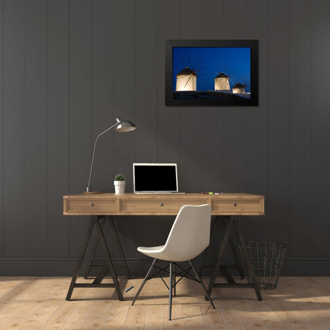 Greece, Mykonos, Hora Windmills lit at sunset Black Modern Wood Framed Art Print by Young, Bill