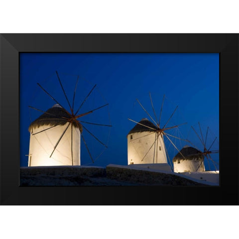 Greece, Mykonos, Hora Windmills lit at sunset Black Modern Wood Framed Art Print by Young, Bill
