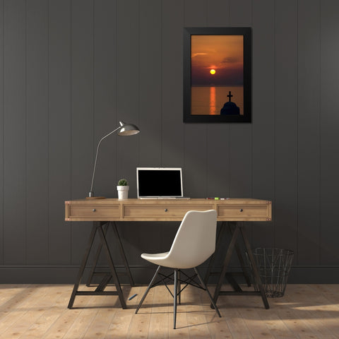 Greece, Mykonos Greek Orthodox church, sunset Black Modern Wood Framed Art Print by Young, Bill
