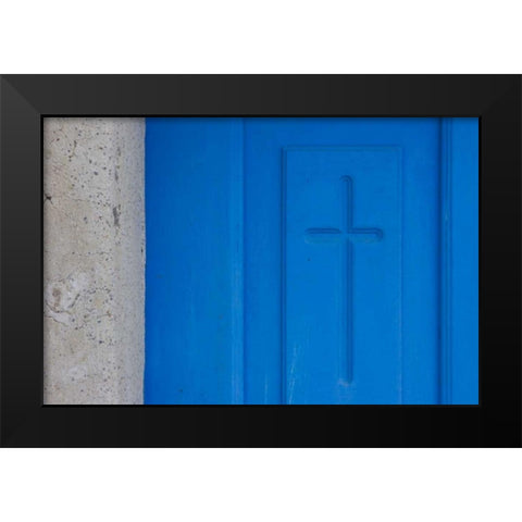 Greece, Oia Christian cross engraved in a door Black Modern Wood Framed Art Print by Young, Bill