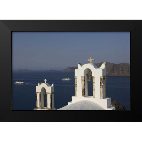 Greece, Thira, Oia Bay scenic with bell tower Black Modern Wood Framed Art Print by Young, Bill