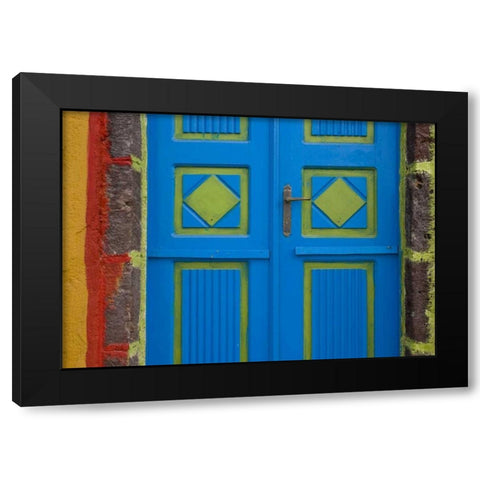 Greece,Thira, Oia Blue and lime green door Black Modern Wood Framed Art Print by Young, Bill