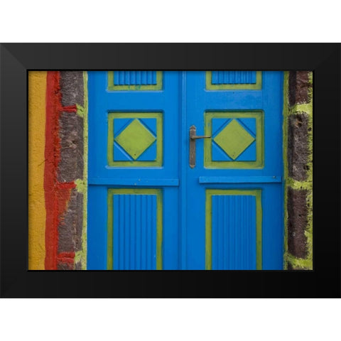 Greece,Thira, Oia Blue and lime green door Black Modern Wood Framed Art Print by Young, Bill