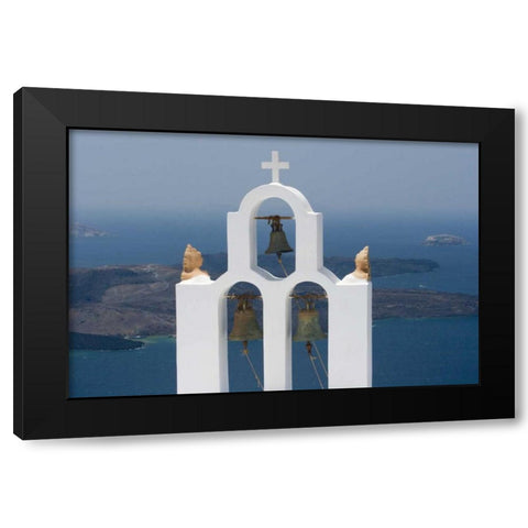 Greece, Santorini Church bell tower with sea Black Modern Wood Framed Art Print with Double Matting by Young, Bill