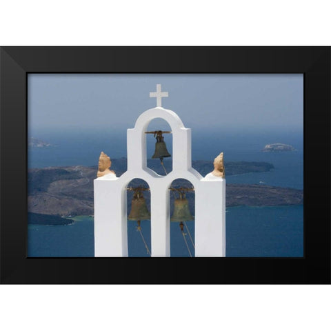 Greece, Santorini Church bell tower with sea Black Modern Wood Framed Art Print by Young, Bill