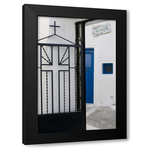 Greece, Santorini Black iron church gate Black Modern Wood Framed Art Print by Young, Bill