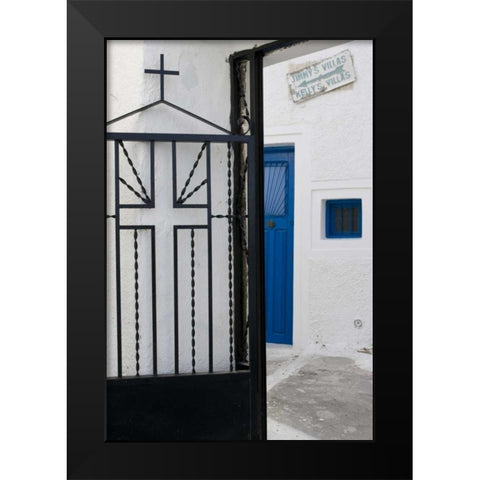 Greece, Santorini Black iron church gate Black Modern Wood Framed Art Print by Young, Bill