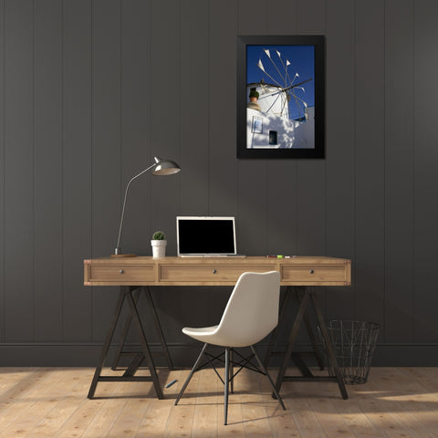 Greece, Santorini Windmill against blue sky Black Modern Wood Framed Art Print by Young, Bill