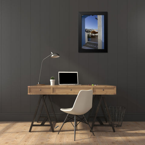 Greece, Santorini Doorway to balcony tables Black Modern Wood Framed Art Print by Young, Bill