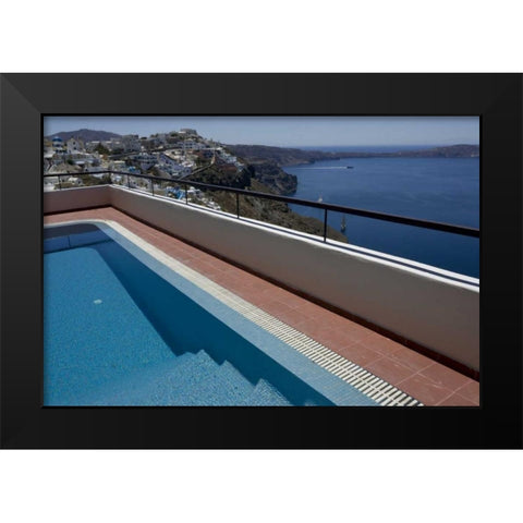 Greece, Santorini Swimming pool overlooking town Black Modern Wood Framed Art Print by Young, Bill